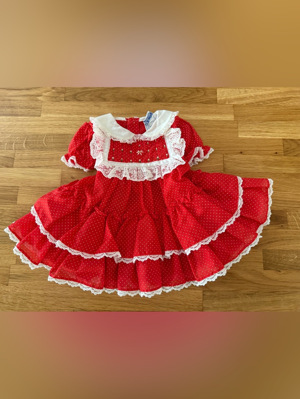Vintage Red Polka Dot Lace-Trim Dress 6-12 month
